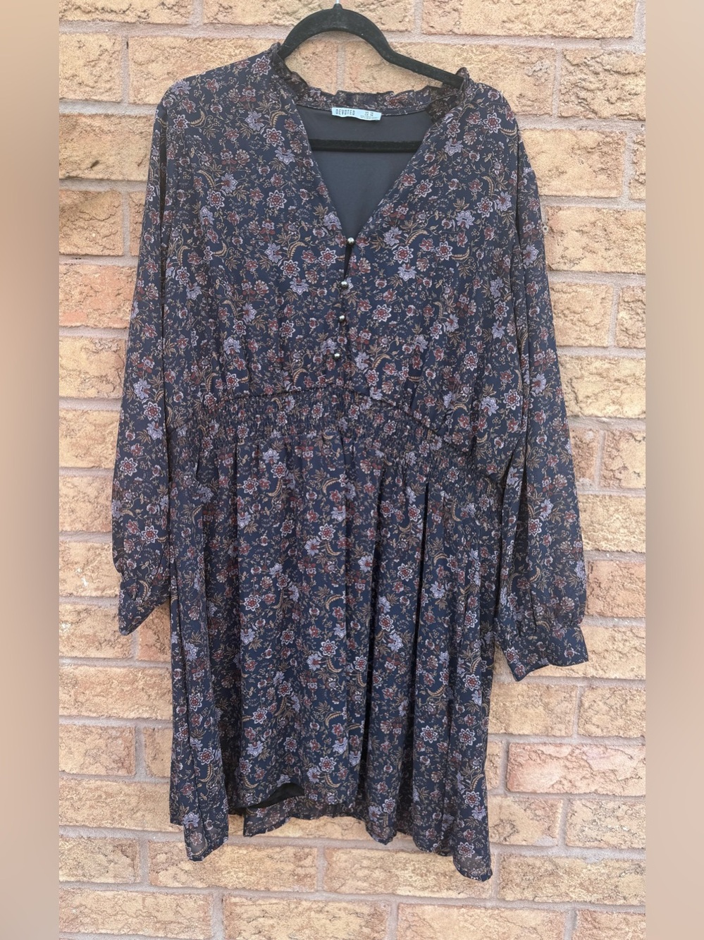 • Devoted Button-Front Floral Smocked Long Sleeve Dress